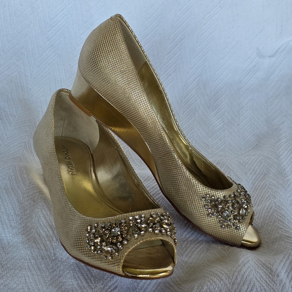 Antonio Melani Gold Wedge Heel Open Toe Party Shoe Formal Wedding Prom